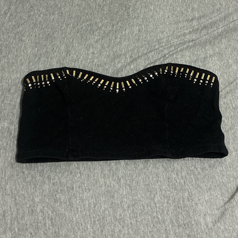 Decree Black Strapless Crop Top with Gold Accents